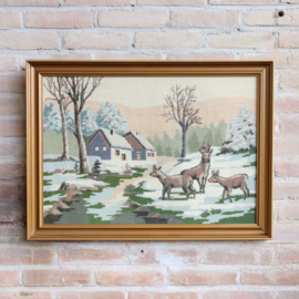 Vintage lijst borduurwerk winter hert groot (zonder lijst)