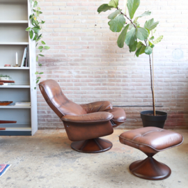 Vintage leren draaifauteuil + voetenbank
