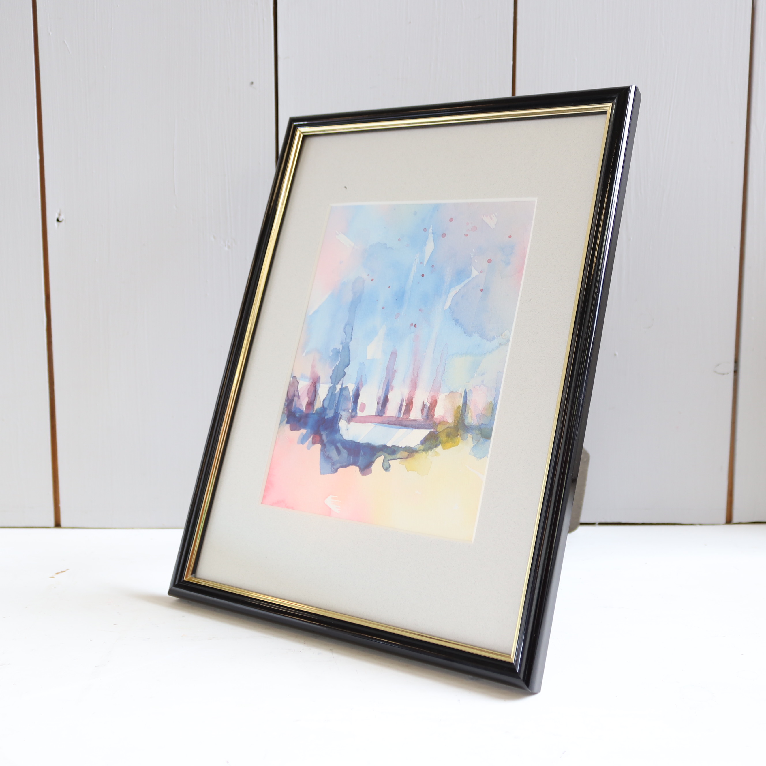 Vintage aquarel in zwart met gouden lijst abstract