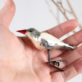 Vintage kerstbal vogel knijper zilver