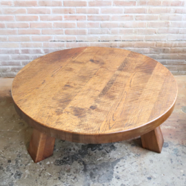 Vintage jaren 70 eik salontafel Brutalist Wabi-Sabi rond