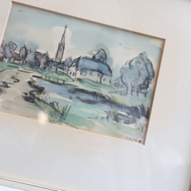 Vintage aquarel tekening dorp