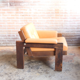 Vintage brutalist fauteuil  Wengé hout leer