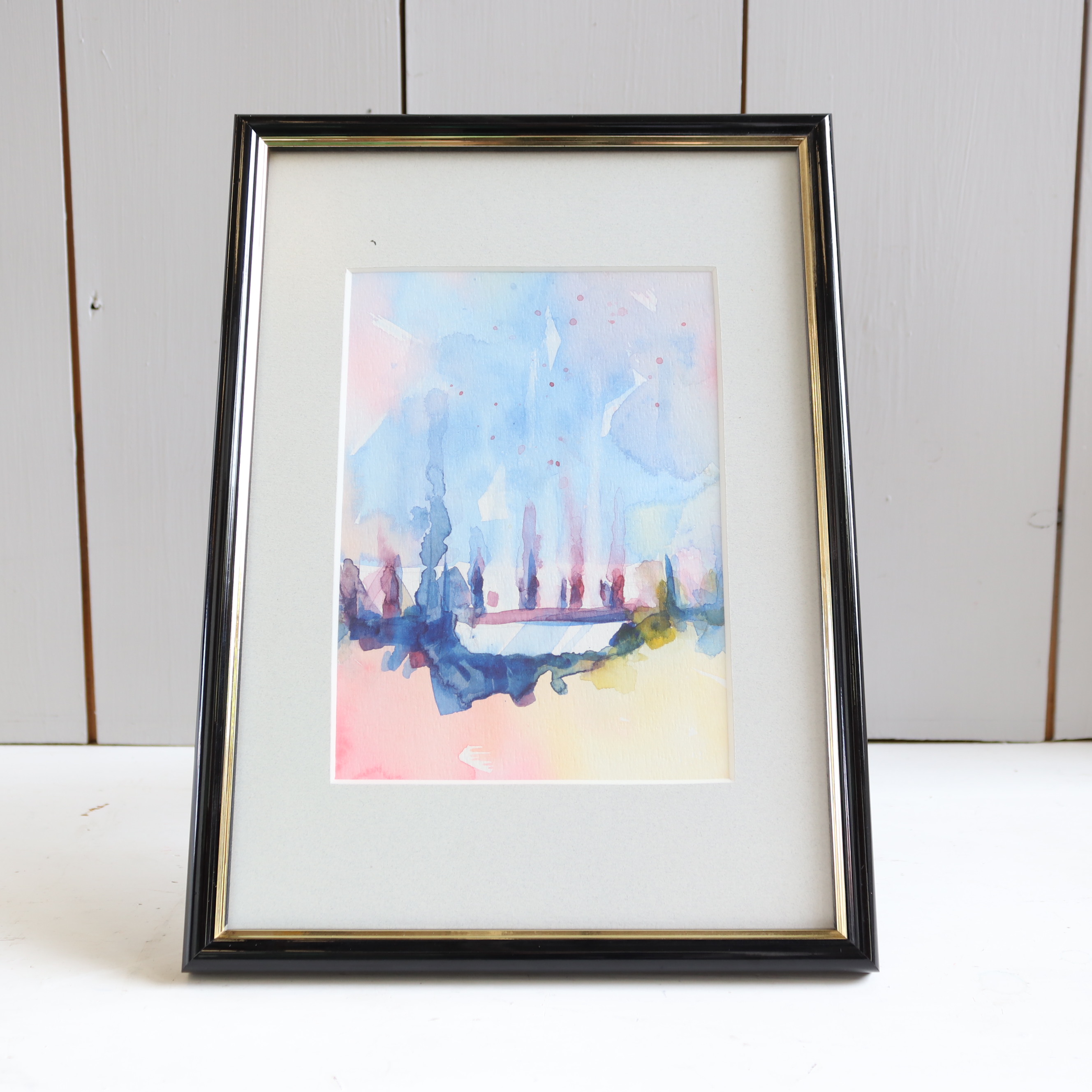 Vintage aquarel in zwart met gouden lijst abstract