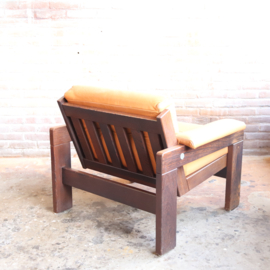 Vintage brutalist fauteuil  Wengé hout leer