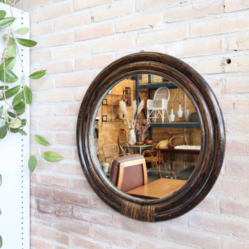 Grote spiegel rond rotan bamboe vintage