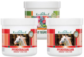 3 Potten Kräuterhof® waarvan 2x verwarmende paardenbalsemien 1x gel met duivelsklauw. 500ml per pot