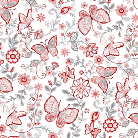 'Scarlet Stitches & White Linen' - Butterflies White/Red - 4706-716