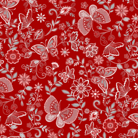 'Scarlet Stitches & White Linen' - Butterflies Red - 4706-717