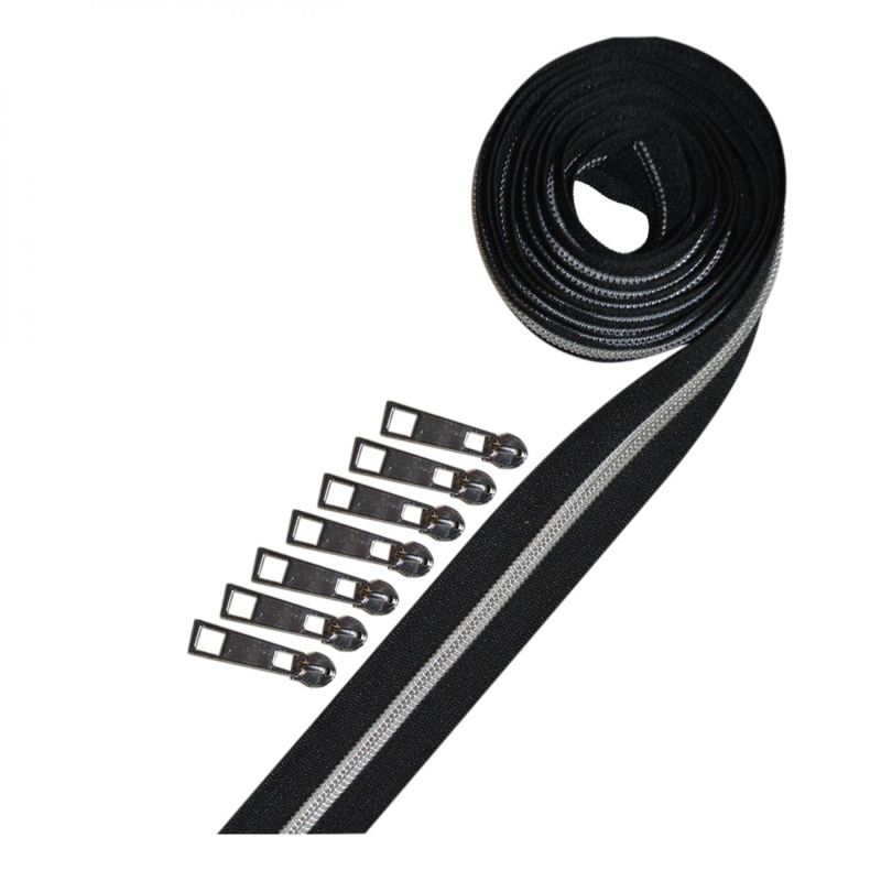 Zipper Tape by Pam Damour - 2½ yard - Black Metallic Silver