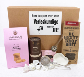 Bedankje verloskundige | cadeau pakket lekkers roze/blauw