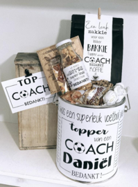 Coach/trainer cadeau | Gepersonaliseerd blik Koffie + lekkers
