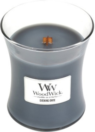 Woodwick Mini ong 20 uur  Candle Evening Onyx (De geurbeleving van dit geurenpalet van jasmijnblad, zwarte orchidee en sandelhout is een mysterieuze traktatie voor de zintuigen)
