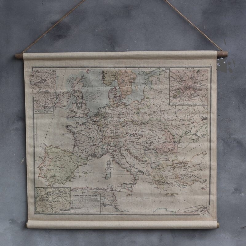Ongebruikt Europa landkaart op linnen jute rol houten stok maat 90 x 73 | JAN GE-79