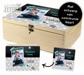 Houten doos met ontwerp van communiekaart - div. formaten