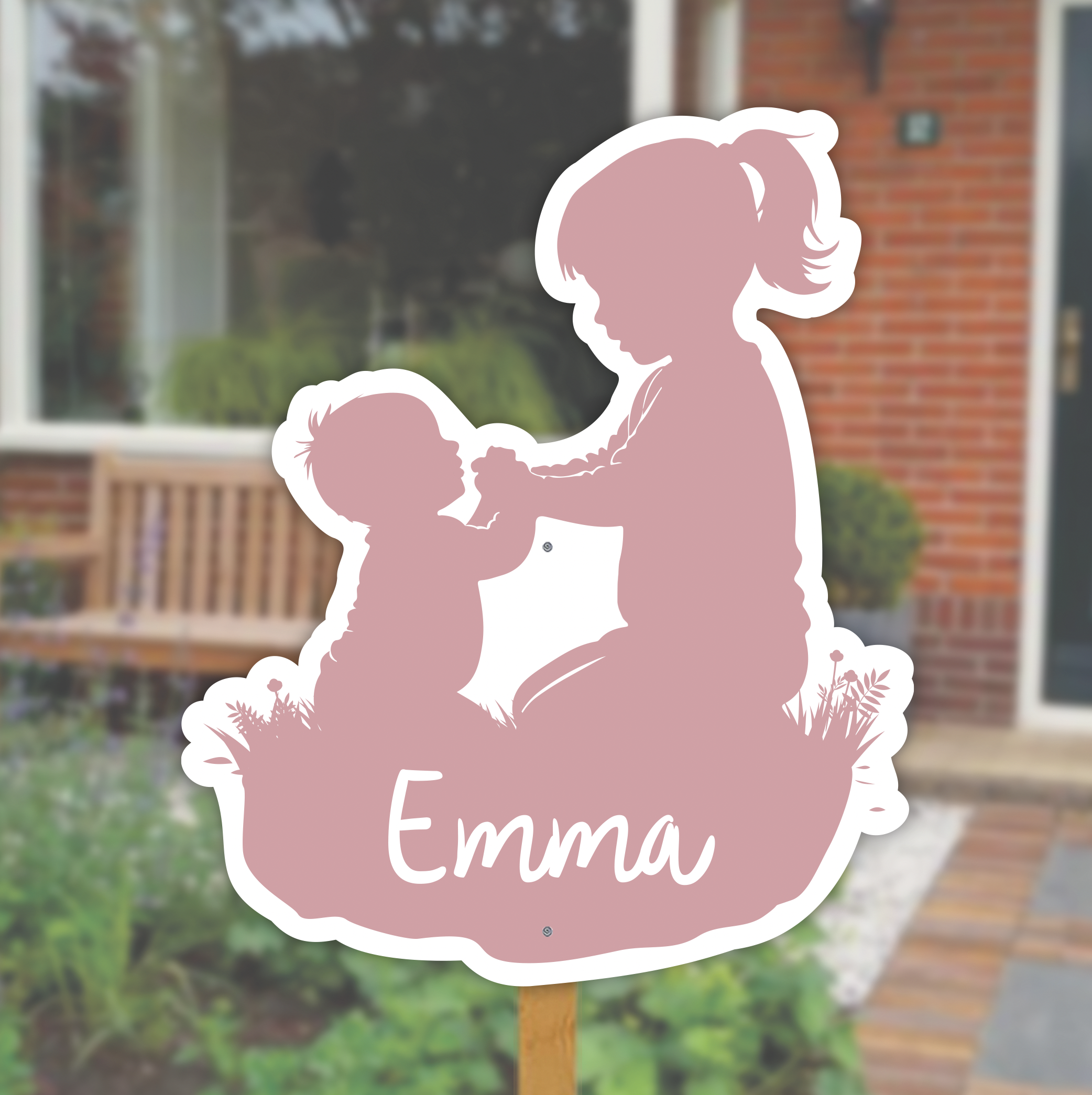 Silhouette grote zus met zusje | Geboortebord tuin *Kies je kleur!*