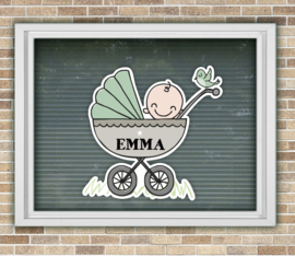 Geboortesticker met naam baby in wandelwagen