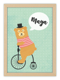 Kinderkamerposter met naam - BIKING BEAR