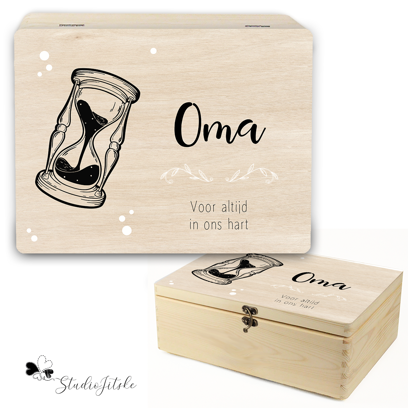 Houten herinneringsdoos zandloper