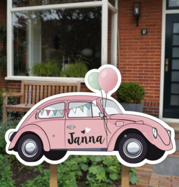 Geboortebord tuin | Volkswagen Kever roze