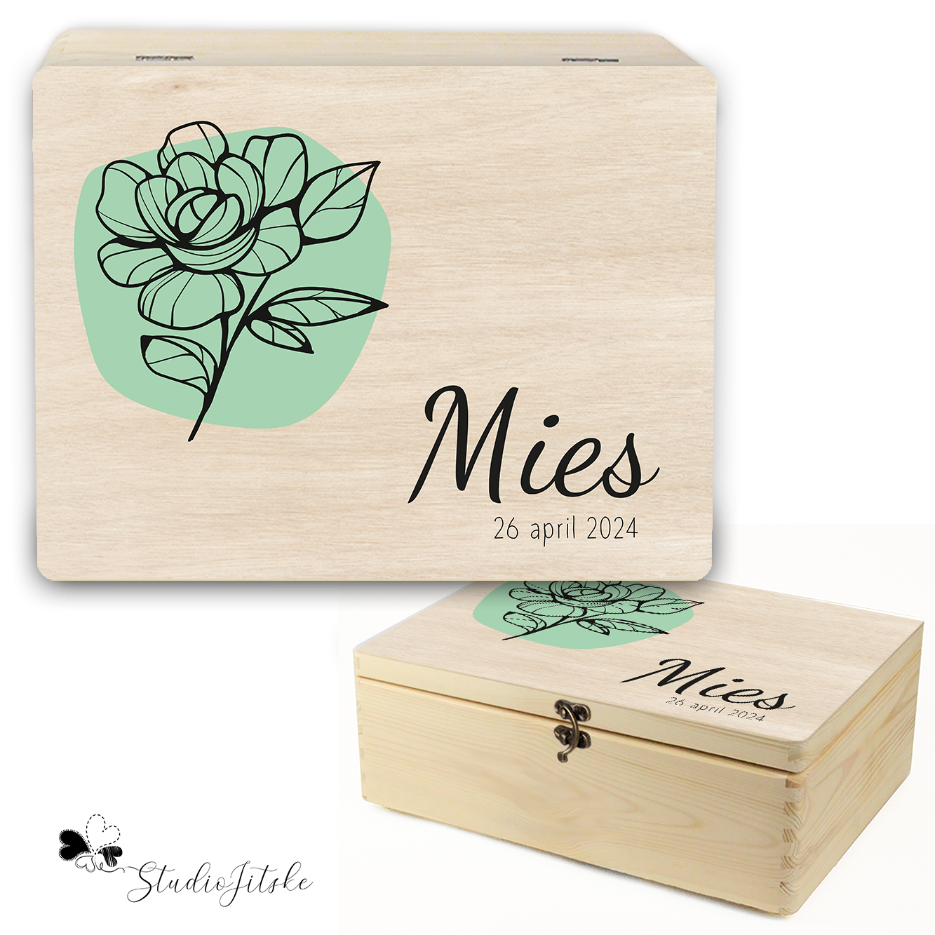Houten herinneringsdoos roos