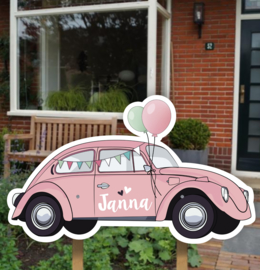 Geboortebord tuin | Volkswagen Kever roze