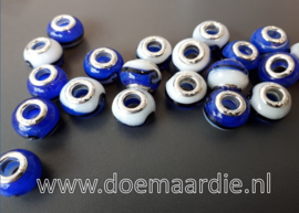 Murano glaskraal, blauw wit, gat 5 mm