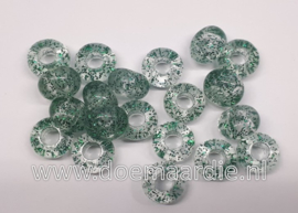 Kraal, groen met glitter. Per ong 20, gat 5,8 mm