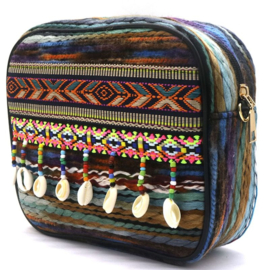 Bohemian bag, geweven, blauw met schelpen