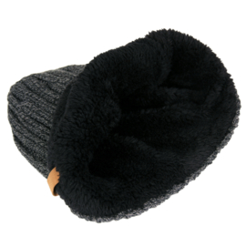 Beanie, zwaar gebreid met imitatie bont voering, grijs, zwart, blauw