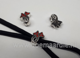 Ribbon kraal, zilverkleurig met strass steentjes, rood, gat 5 mm