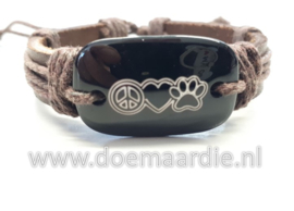 Verstelbare leren armband met vredesteken, hartje en pootje