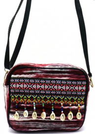Bohemian bag, geweven, bordeaux purple met schelpen