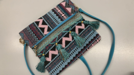 Bohemian bag, geweven, met kwastjes, turquoise blauw