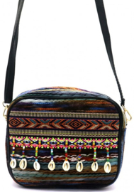 Bohemian bag, geweven, blauw met schelpen