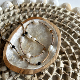 KETTING NATUURSTENEN BRUIN  - GOLD PLATED