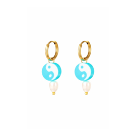 OORBELLEN YIN YANG BLAUW - GOLD PLATED