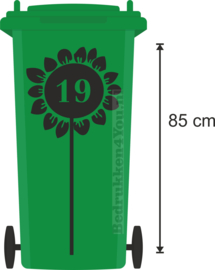 Sticker Kliko container - zonnebloem met huisnummer-85 cm