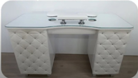 LS Beauty Manicure Tafel Met Afzuiging - Chesterfield Gecapitonneerd Wit Met Strass Steentjes