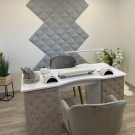 LS Beauty Manicure Tafel Met Afzuiging - Chesterfield Gecapitonneerd Wit/grijs Met Strass Steentjes