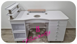 LS Beauty Manicure Tafel Met Afzuiging - Chesterfield Gecapitonneerd Wit/rosegoud  Met Strass Steentjes