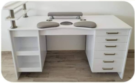 LS Beauty Manicure Tafel Met Afzuiging - Chesterfield Gecapitonneerd Wit/grijs Met Strass Steentjes
