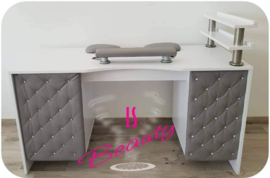 LS Beauty Manicure Tafel Met Afzuiging - Chesterfield Gecapitonneerd Wit/grijs Met Strass Steentjes