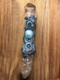 Magical wand with white spirit quartz, rutile quartz and larimar