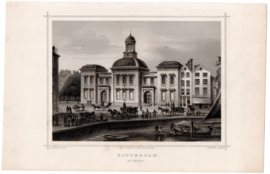 Staalgravure van de beurs in Rotterdam.