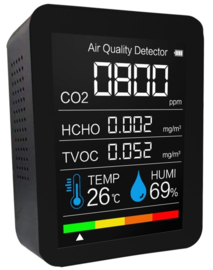 15. Luchtkwaliteit CO-2 meter 5 waarden in het LCD Scherm, Preventie bij COPD, Covid,  Astma of Bronchitis  ZWART