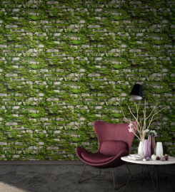 Behang stenen muur met mos