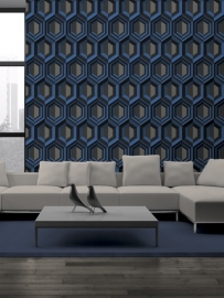 Dutch Wallcoverings Kinetic J407-01 Retro behang 3D effect blauw grijs