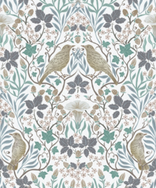Behang met vogels en Art Nouveau bladeren