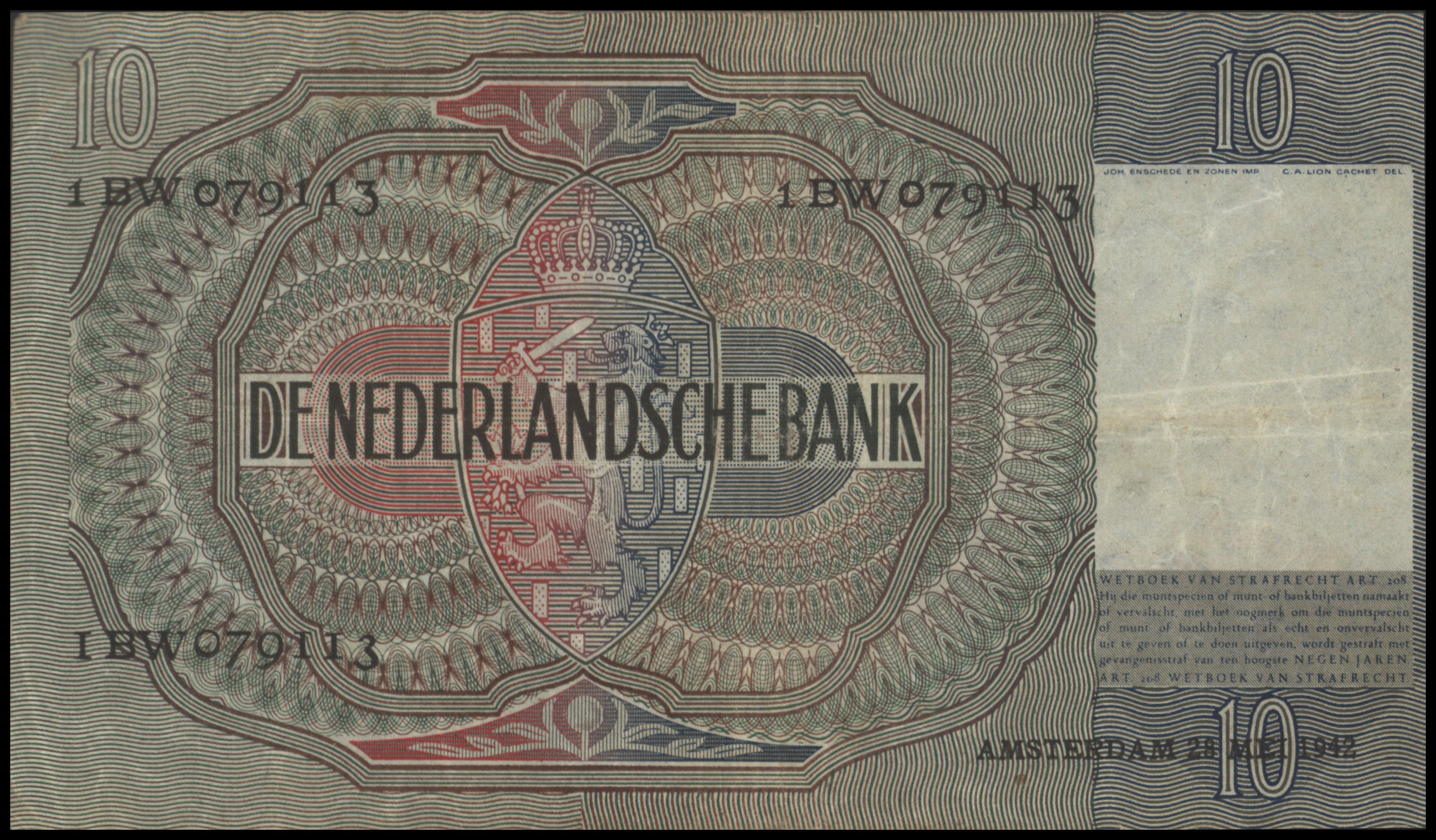 Netherlands  PL38.b 10 Gulden 1942